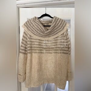 Free People Cream and Taupe Striped Cowl Sweater